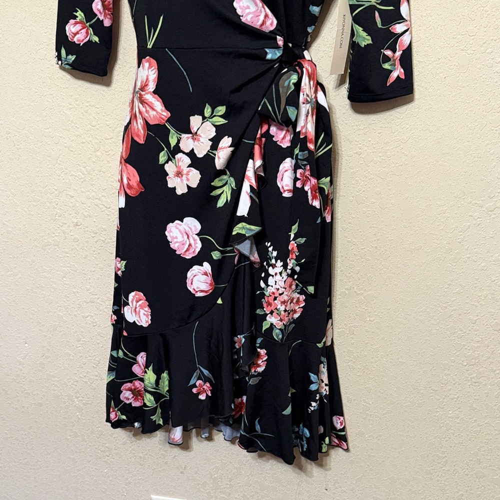 Kiyonna Black and Pink Floral Midi wrap Dress - Picture 5 of 7